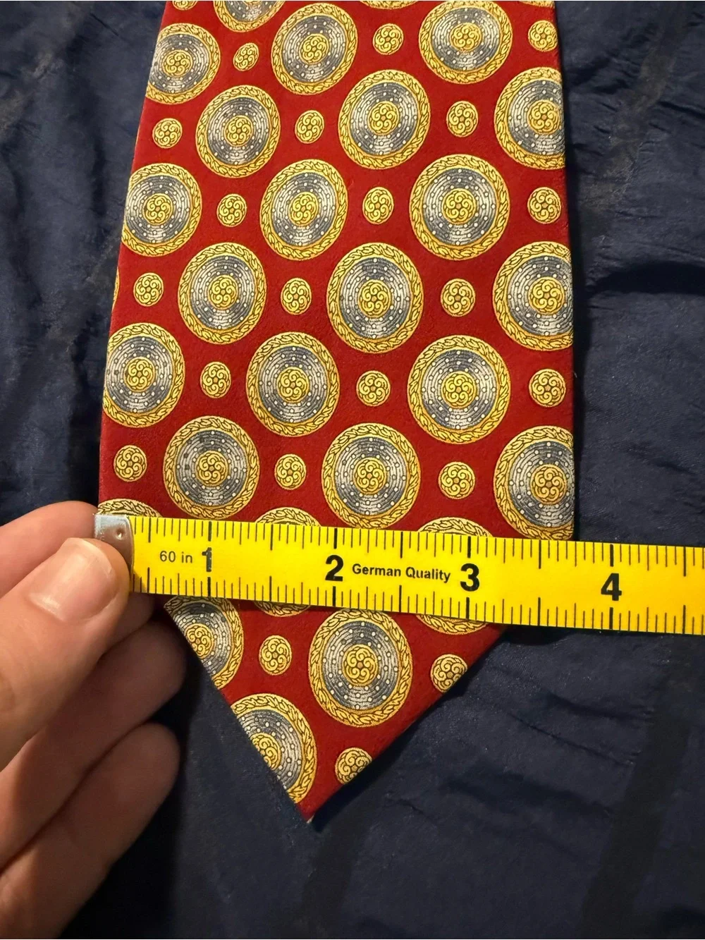 Valentino Red Silk Tie with Gold and Blue Medallions